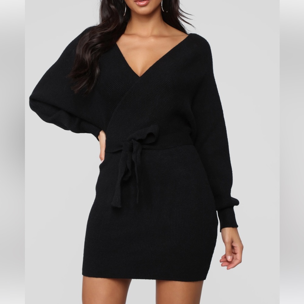 Classic Black Wrap Sweater Dress with Tie Waist